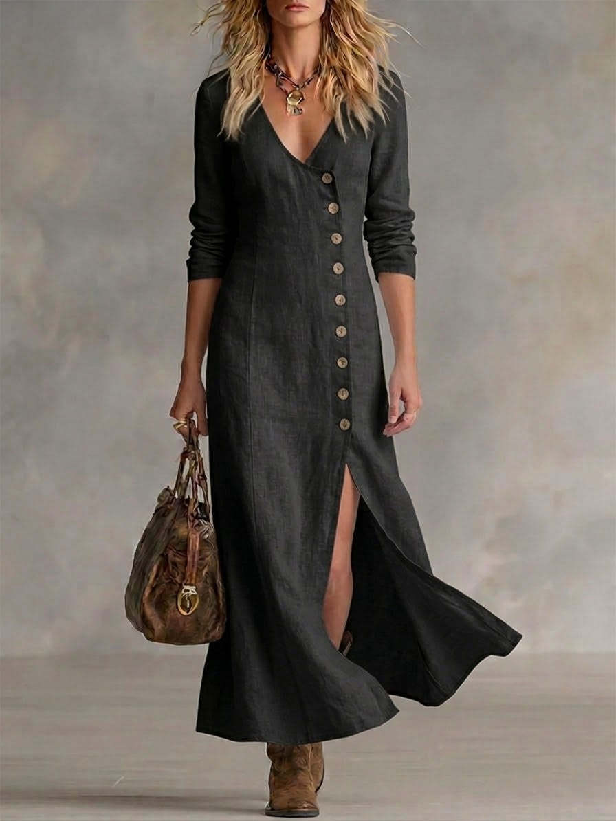 Women's Boho Maxi Dress V-Neck Long Sleeve Button Front Linen High Slit Casual