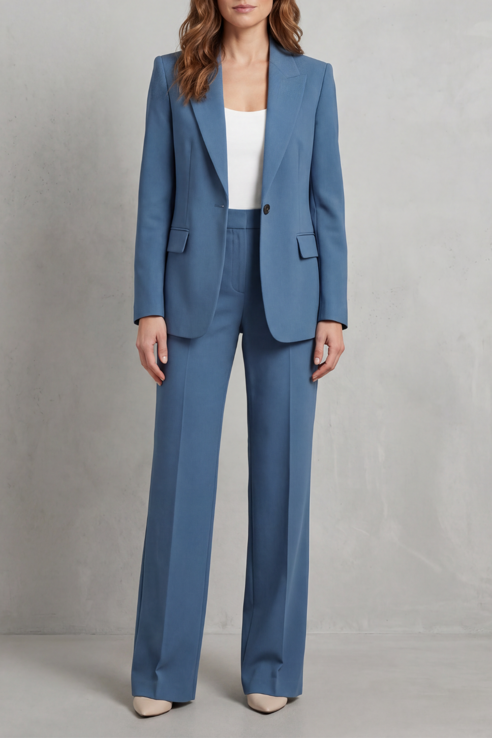 Women's Blue Blazer Pant Suit Set – Single Button Peak Lapel Tailored Workwear