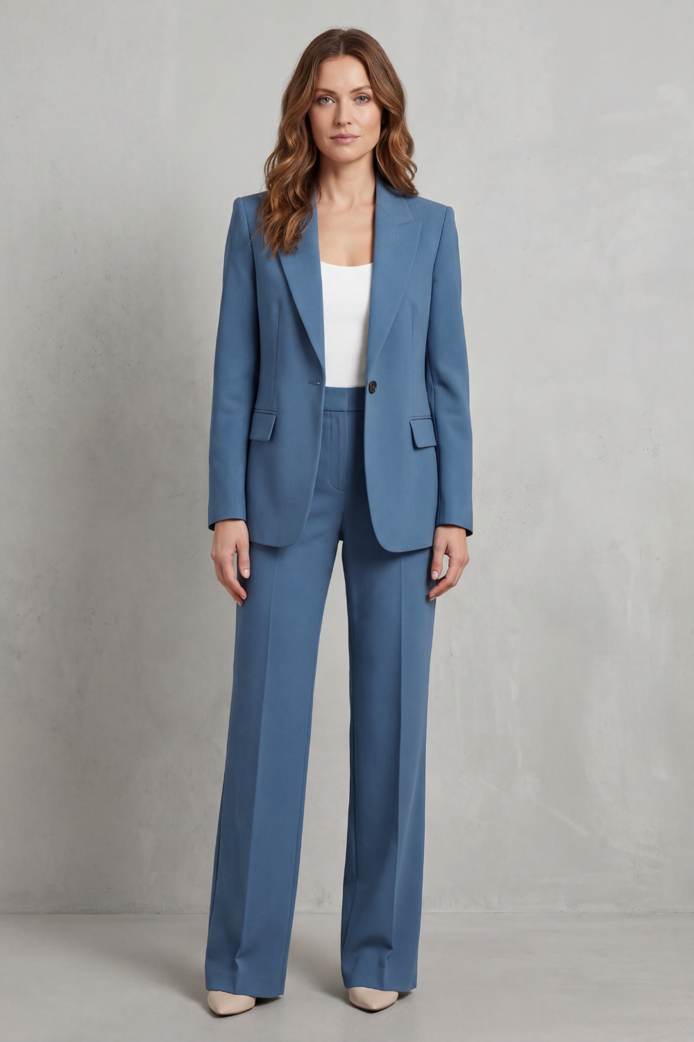 Women's Blue Blazer Pant Suit Set – Single Button Peak Lapel Tailored Workwear