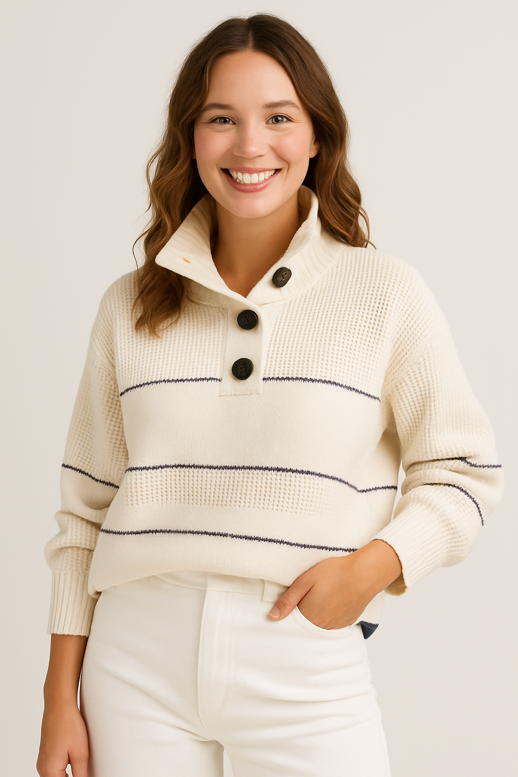 Women's Button Collar Knit Pullover Sweater Striped Long Sleeve Mock Neck