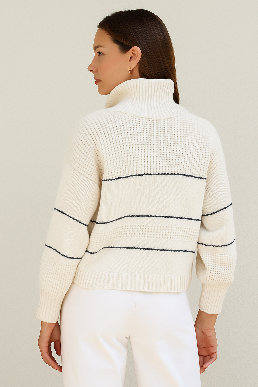 Women's Button Collar Knit Pullover Sweater Striped Long Sleeve Mock Neck