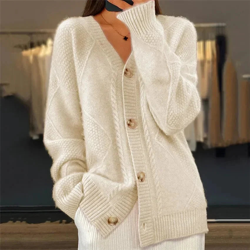 Women's Button Front Cardigan V-Neck Cable Knit Long Sleeve Everyday Layer