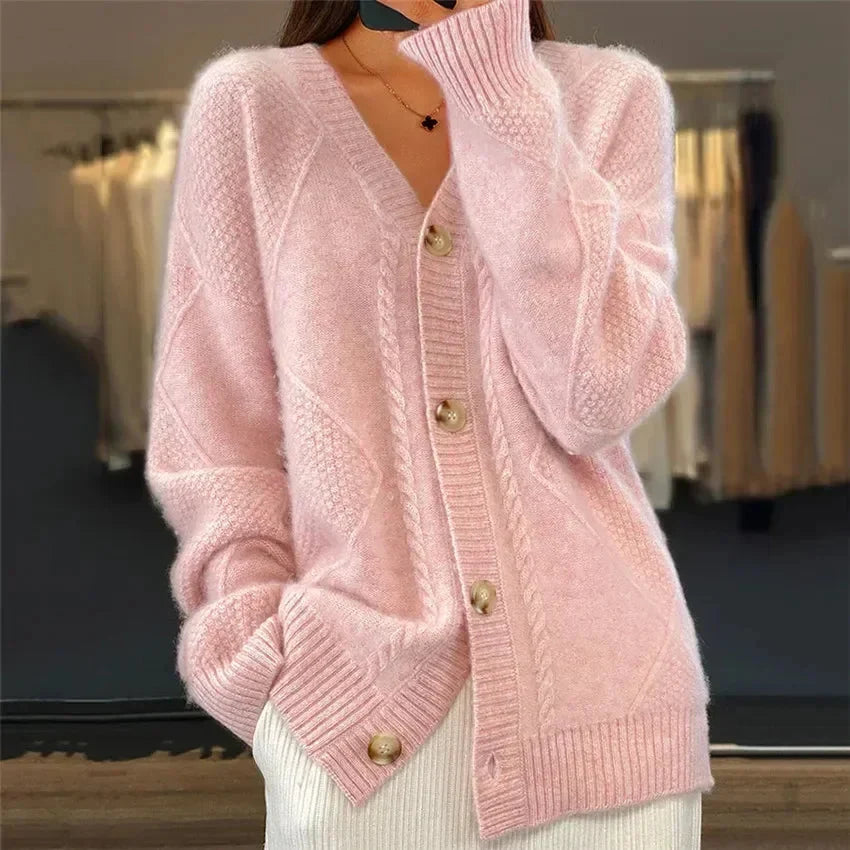 Women's Button Front Cardigan V-Neck Cable Knit Long Sleeve Everyday Layer