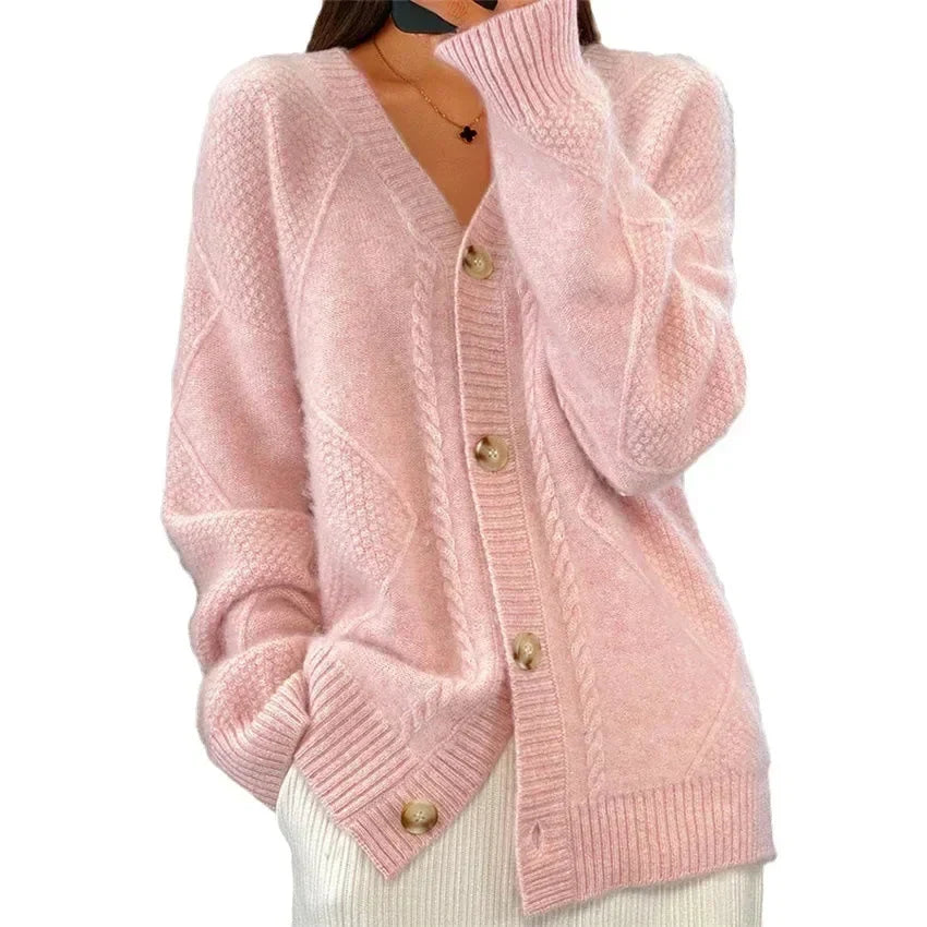 Women's Button Front Cardigan V-Neck Cable Knit Long Sleeve Everyday Layer