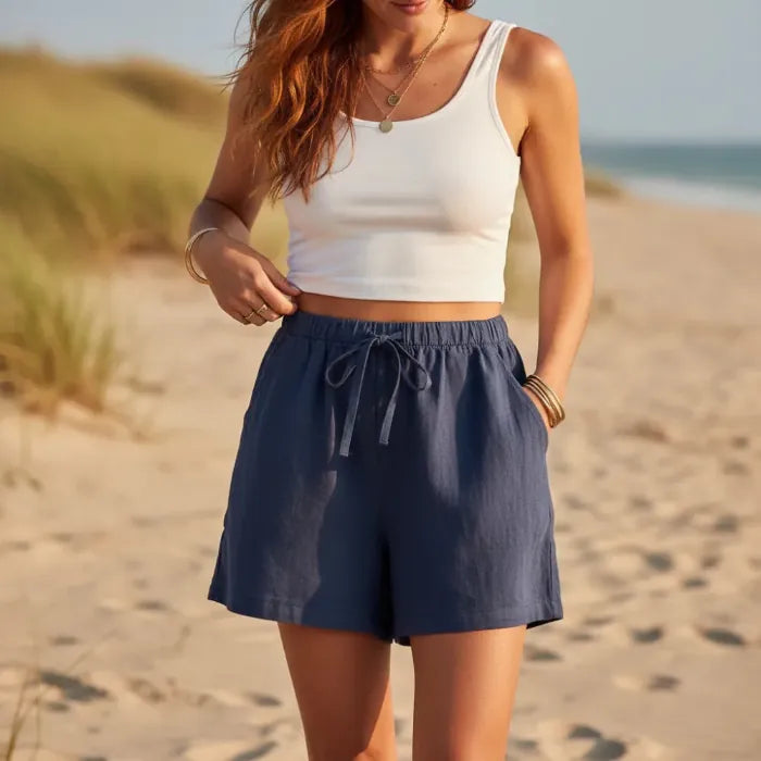 Women's Linen Shorts Elastic Waist Drawstring Casual Beach
