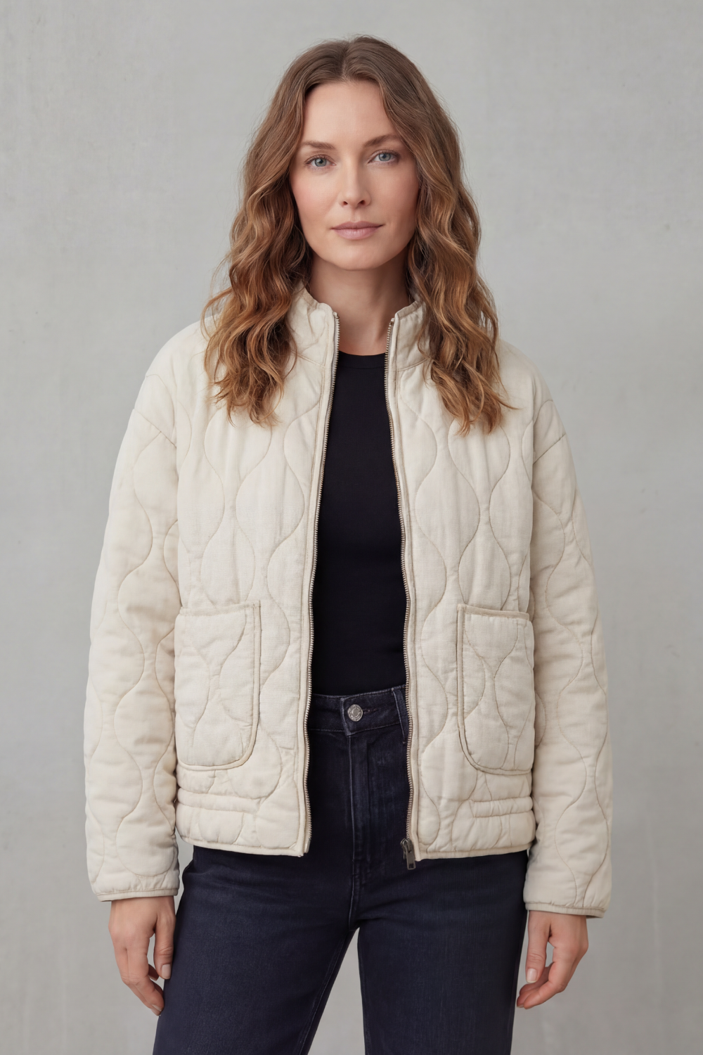 Women's Quilted Jacket Zip-Up Stand Collar Onion Quilt Pocket Casual