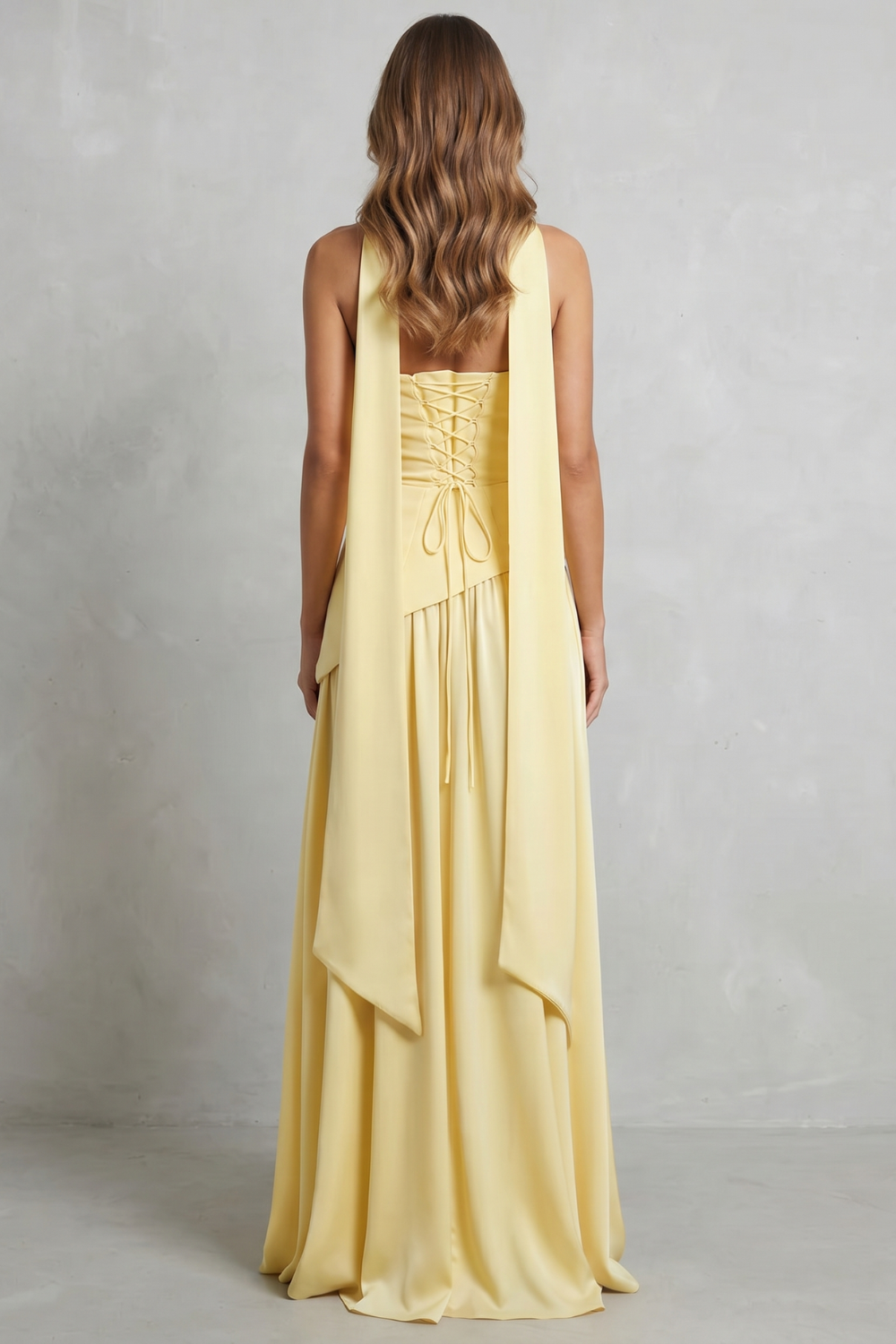 Women's Strapless Maxi Dress High Slit Draped Asymmetric Hem Corset Back