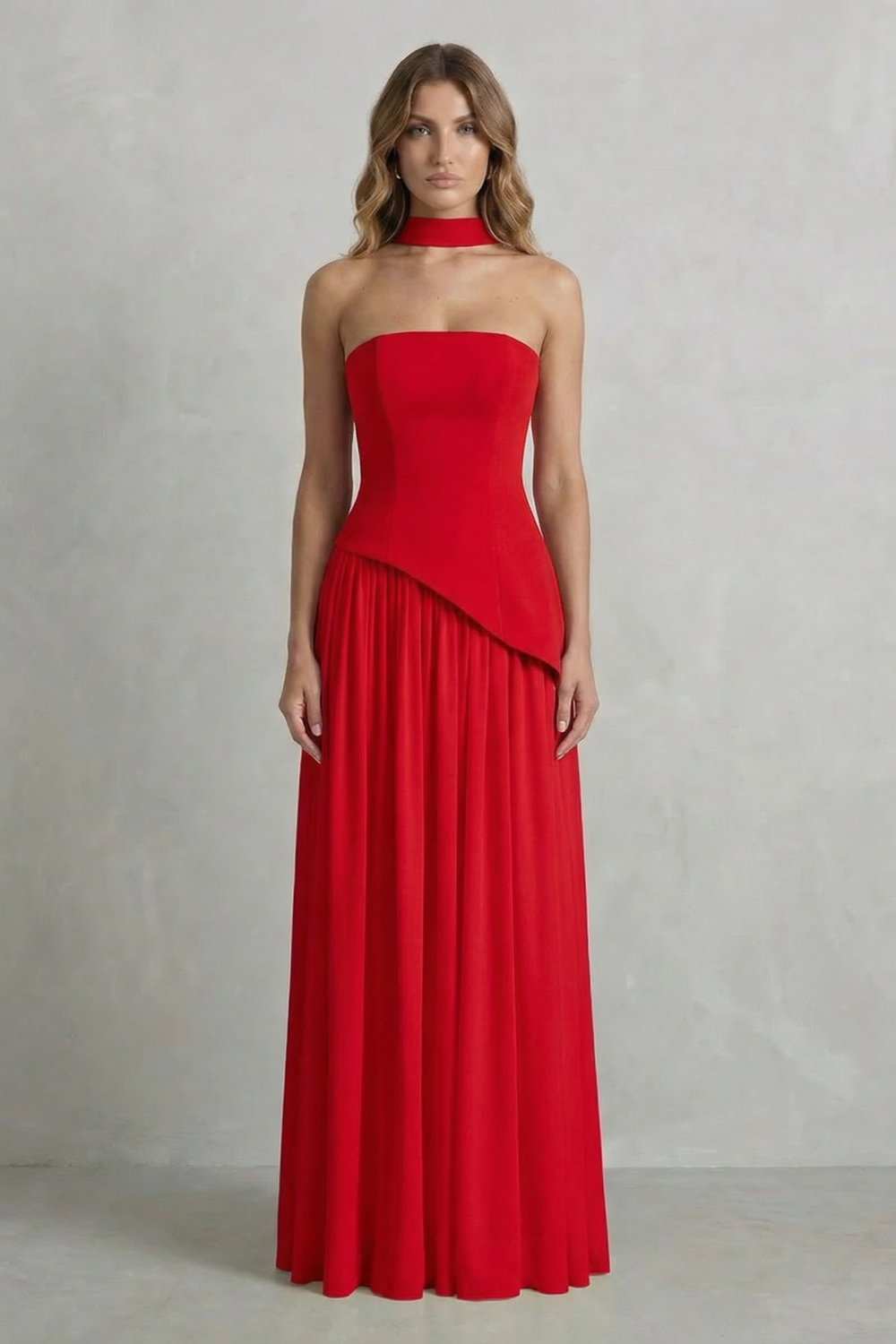 Women's Strapless Maxi Dress High Slit Draped Asymmetric Hem Corset Back