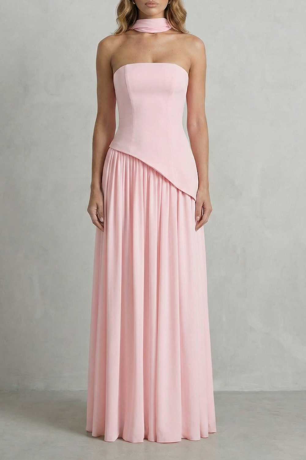 Women's Strapless Maxi Dress High Slit Draped Asymmetric Hem Corset Back