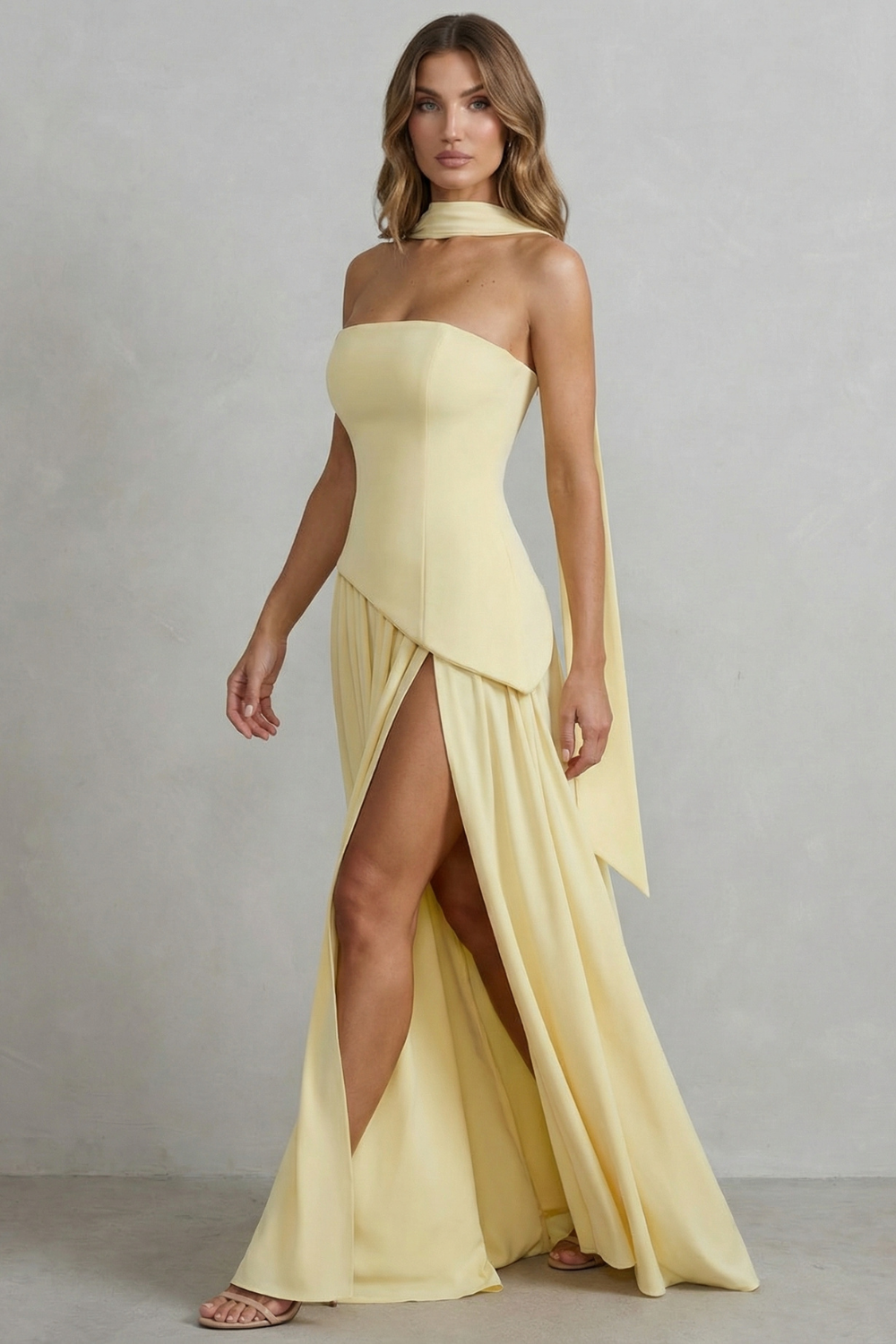 Women's Strapless Maxi Dress High Slit Draped Asymmetric Hem Corset Back