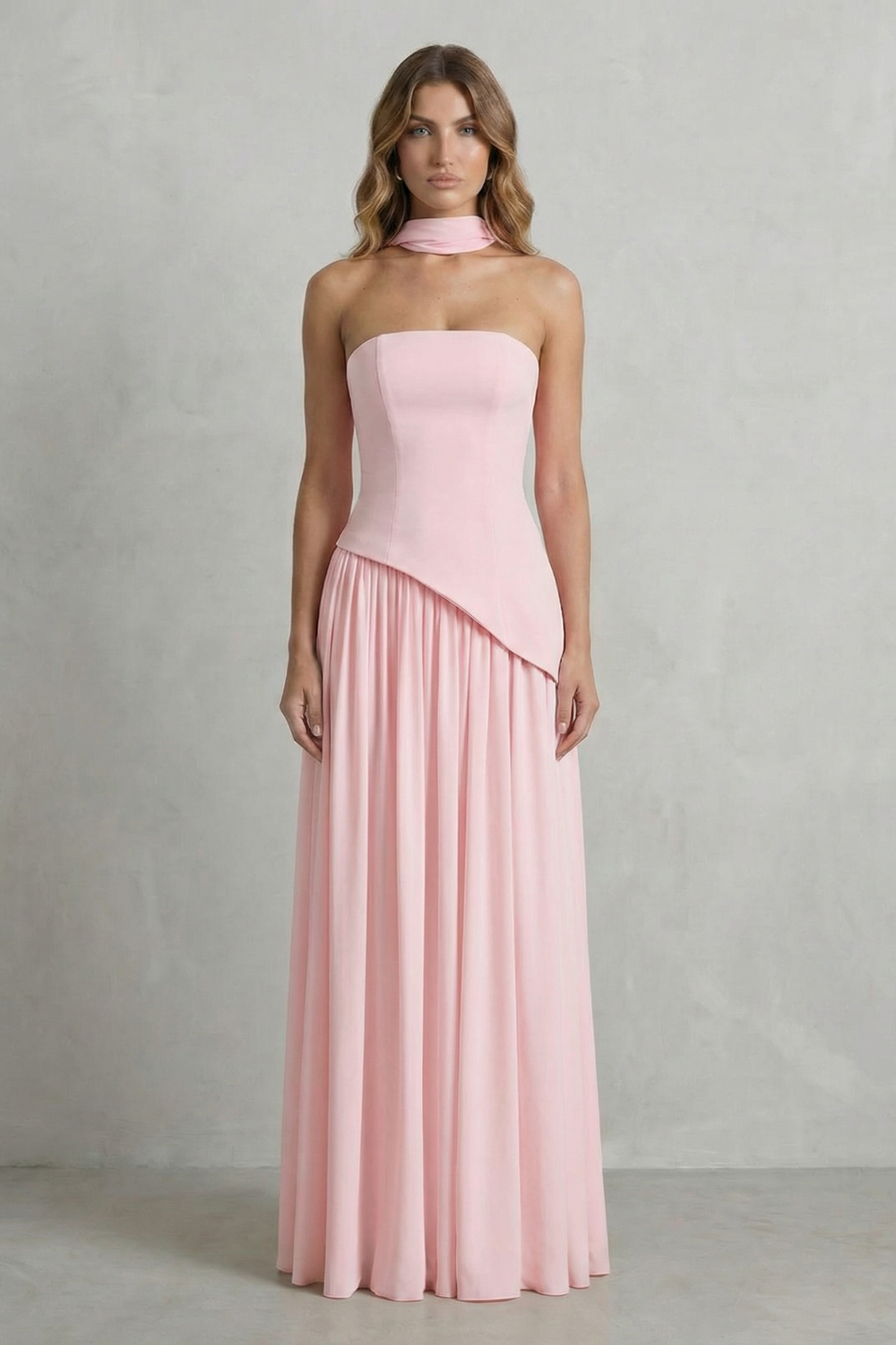 Women's Strapless Maxi Dress High Slit Draped Asymmetric Hem Corset Back