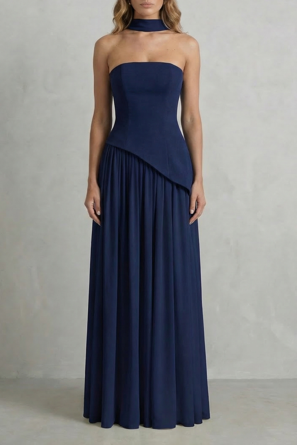Women's Strapless Maxi Dress High Slit Draped Asymmetric Hem Corset Back