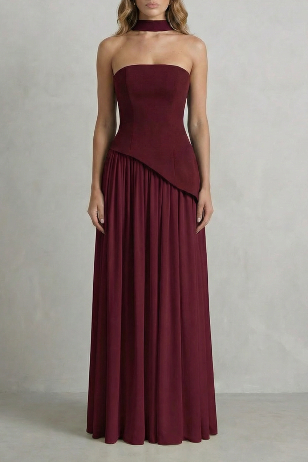 Women's Strapless Maxi Dress High Slit Draped Asymmetric Hem Corset Back