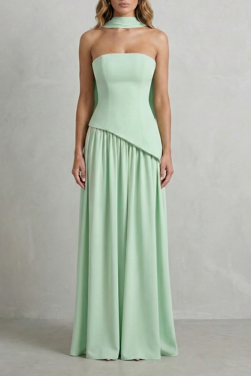 Women's Strapless Maxi Dress High Slit Draped Asymmetric Hem Corset Back