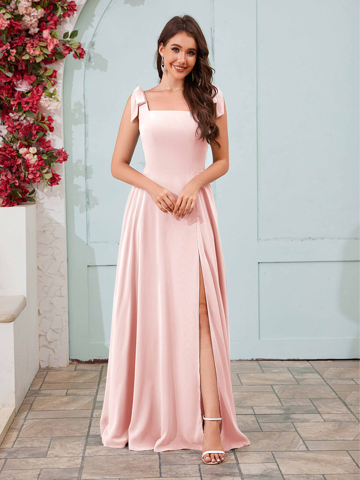 Women's Bridesmaid Dress Square Neckline High Slit Long Chiffon