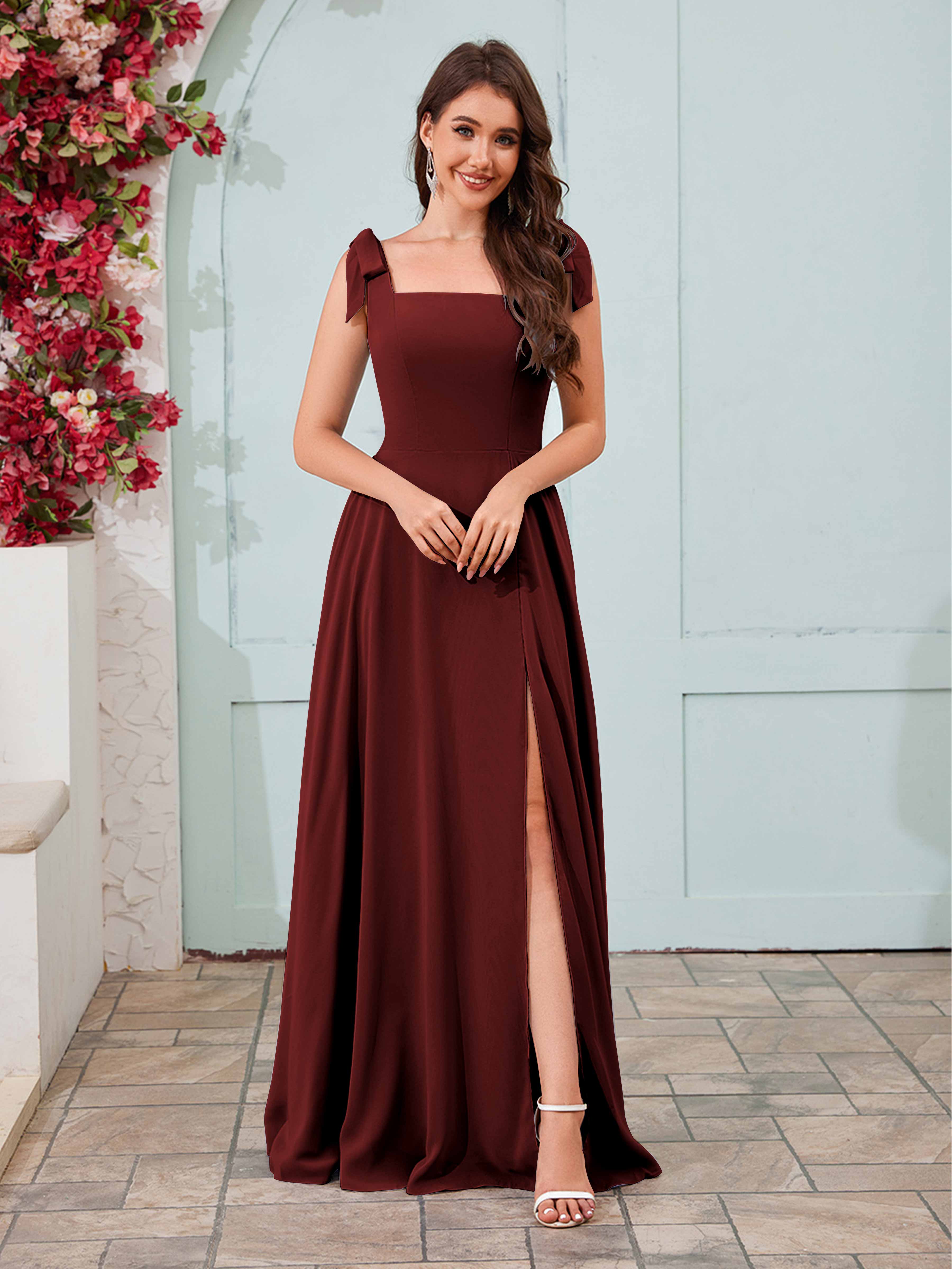 Women's Bridesmaid Dress Square Neckline High Slit Long Chiffon