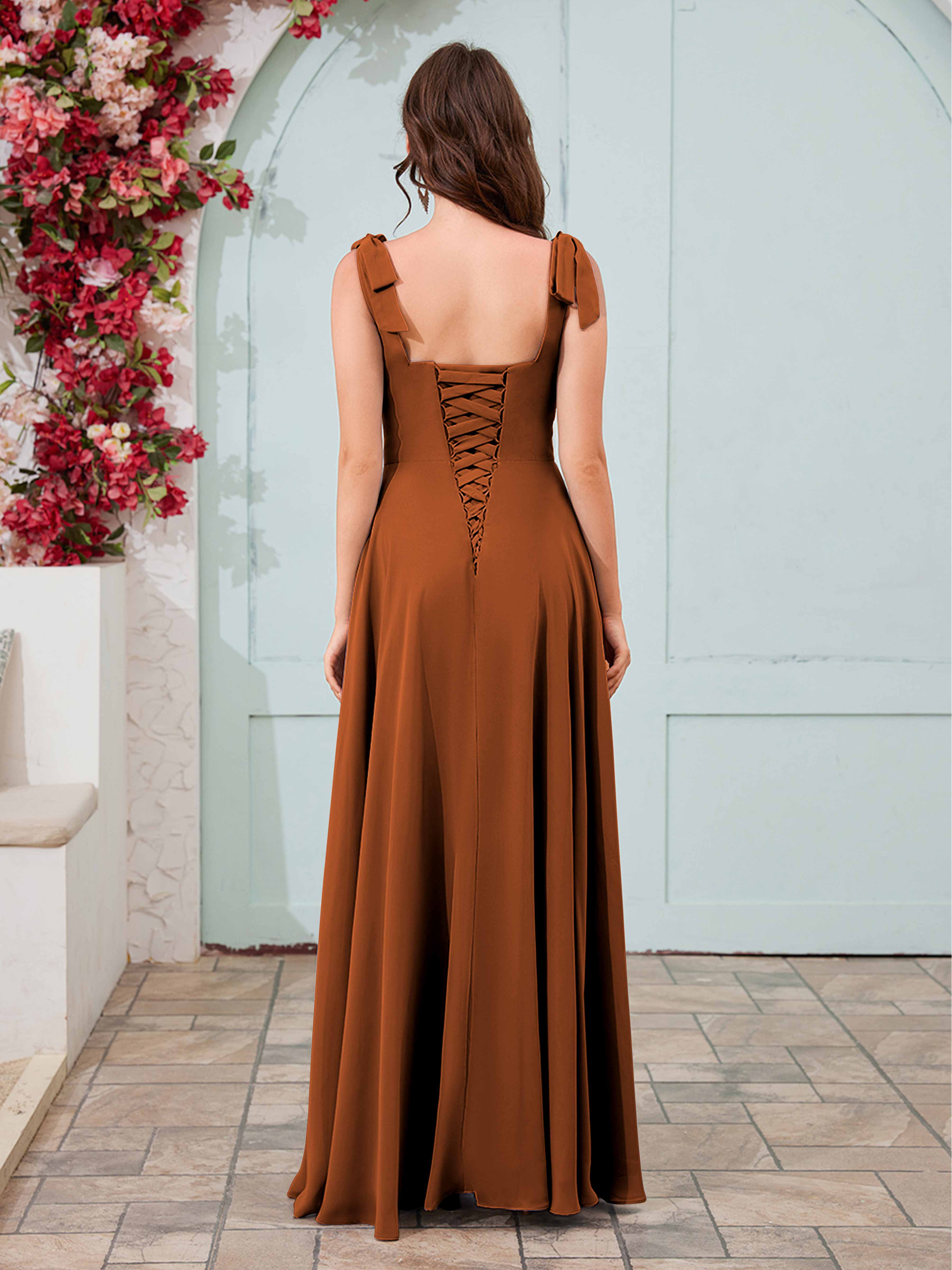 Women's Bridesmaid Dress Square Neckline High Slit Long Chiffon