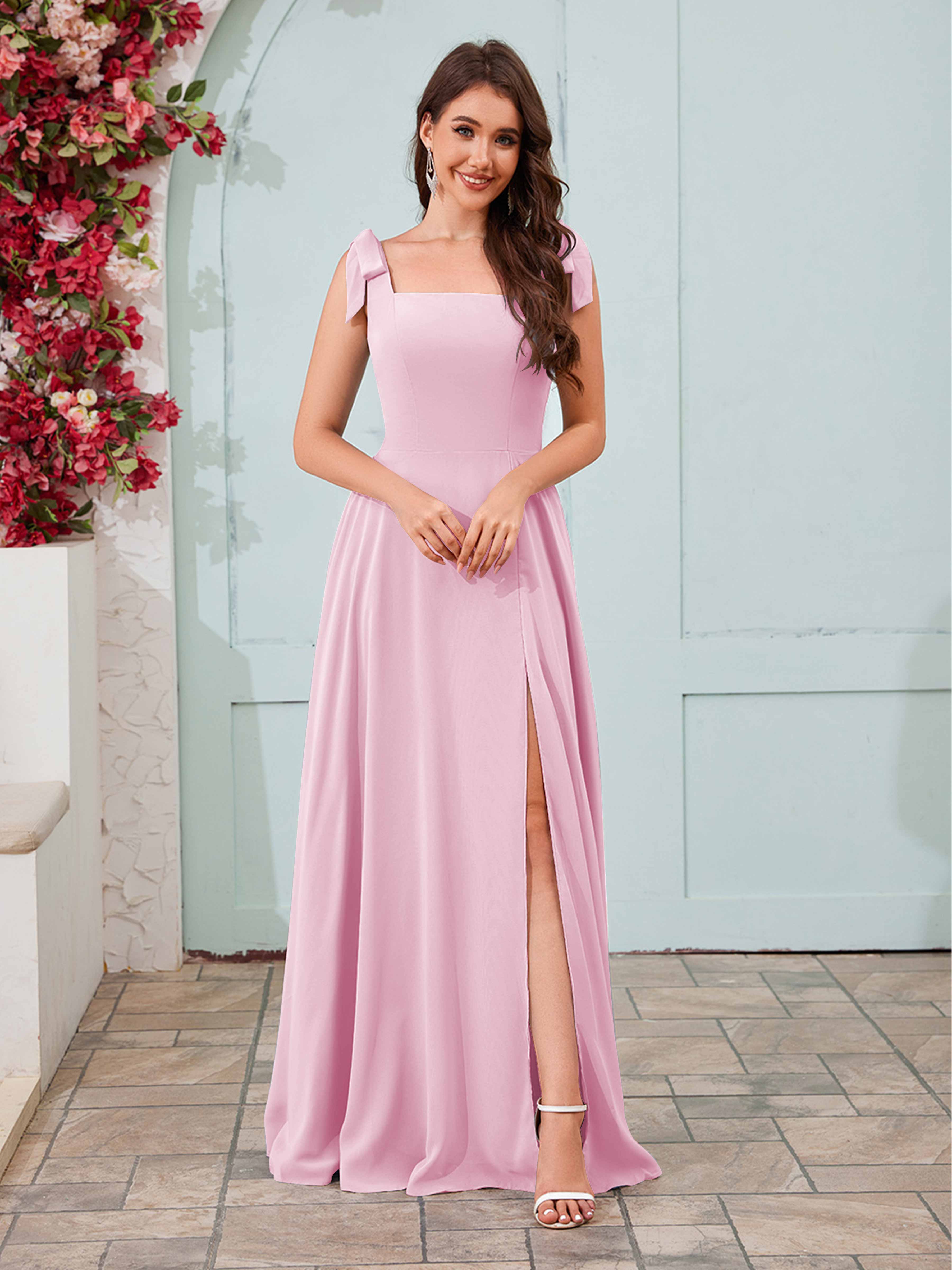 Women's Bridesmaid Dress Square Neckline High Slit Long Chiffon