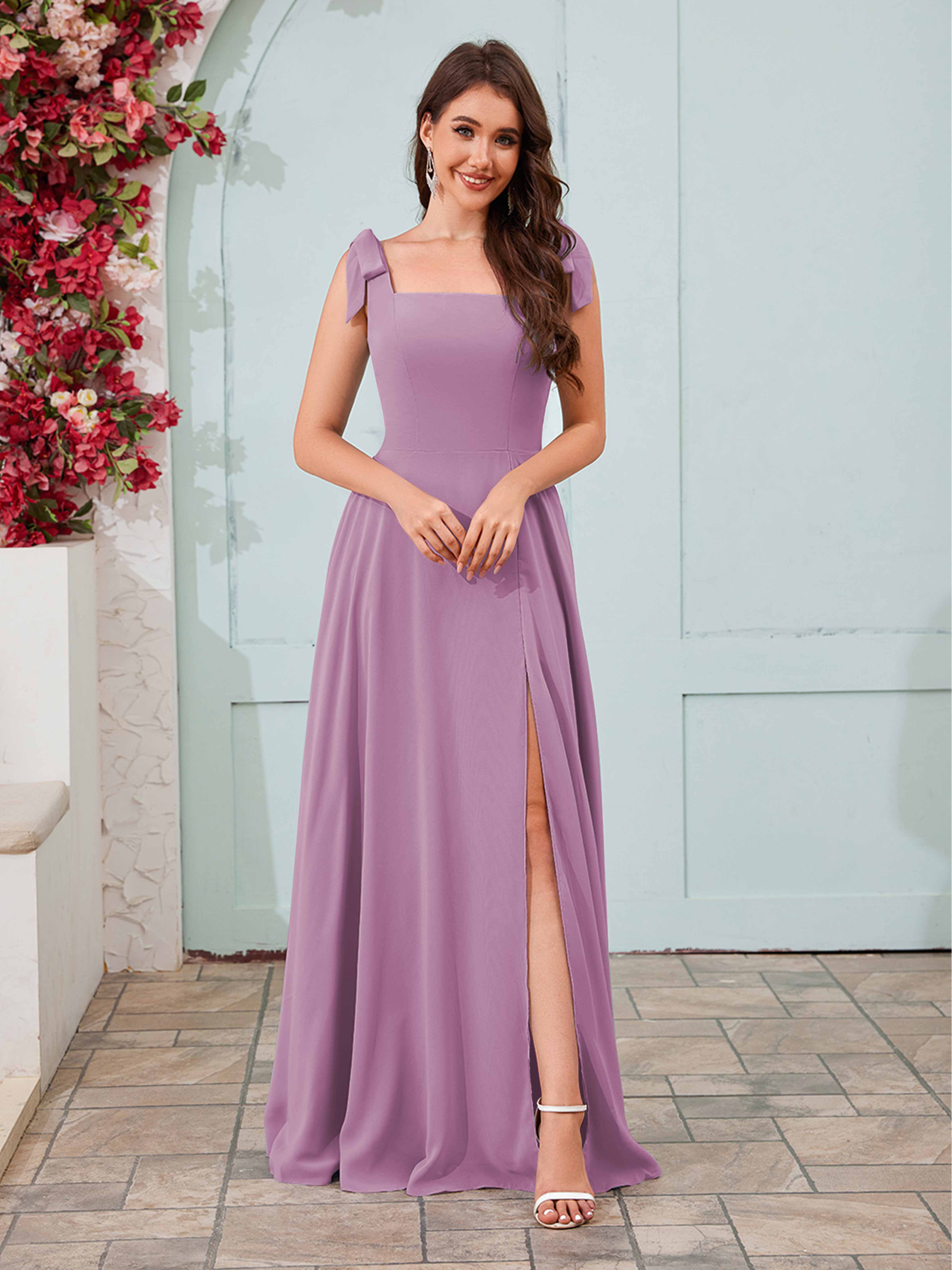 Women's Bridesmaid Dress Square Neckline High Slit Long Chiffon