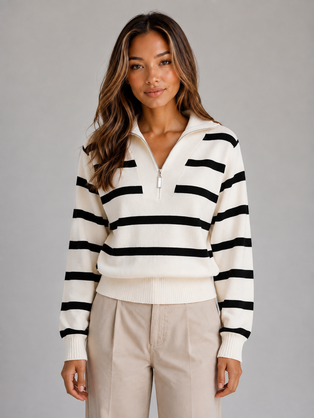 Women's Half-Zip Knit Sweater Striped Long Sleeve Collared Pullover