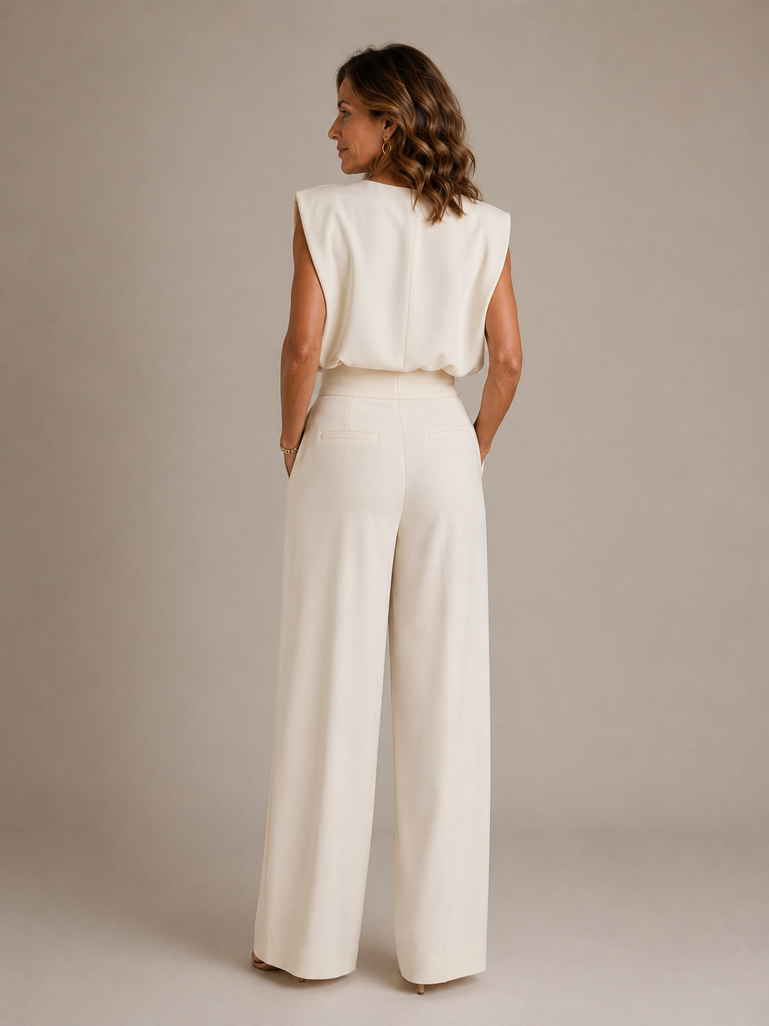 Women's Wide Leg Jumpsuit Sleeveless Pleated Round Neck Ivory Everyday