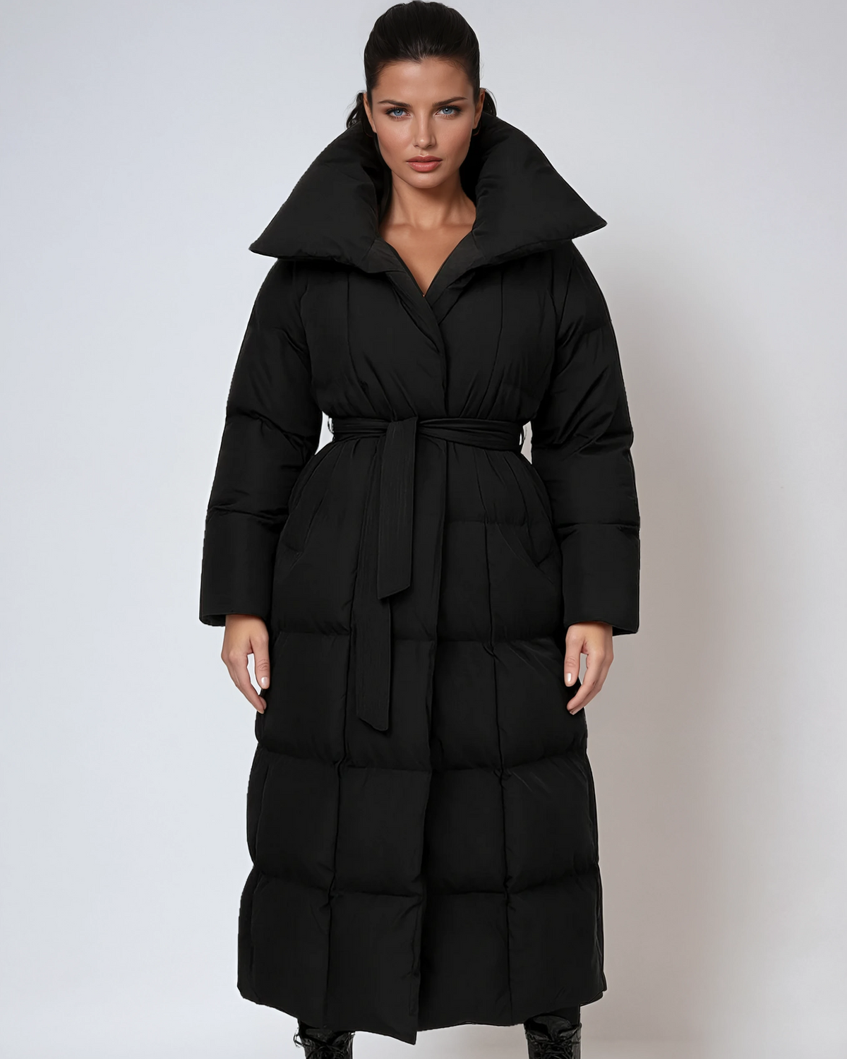 Women's Long Puffer Coat Belted High Collar Maxi Winter Jacket – Black