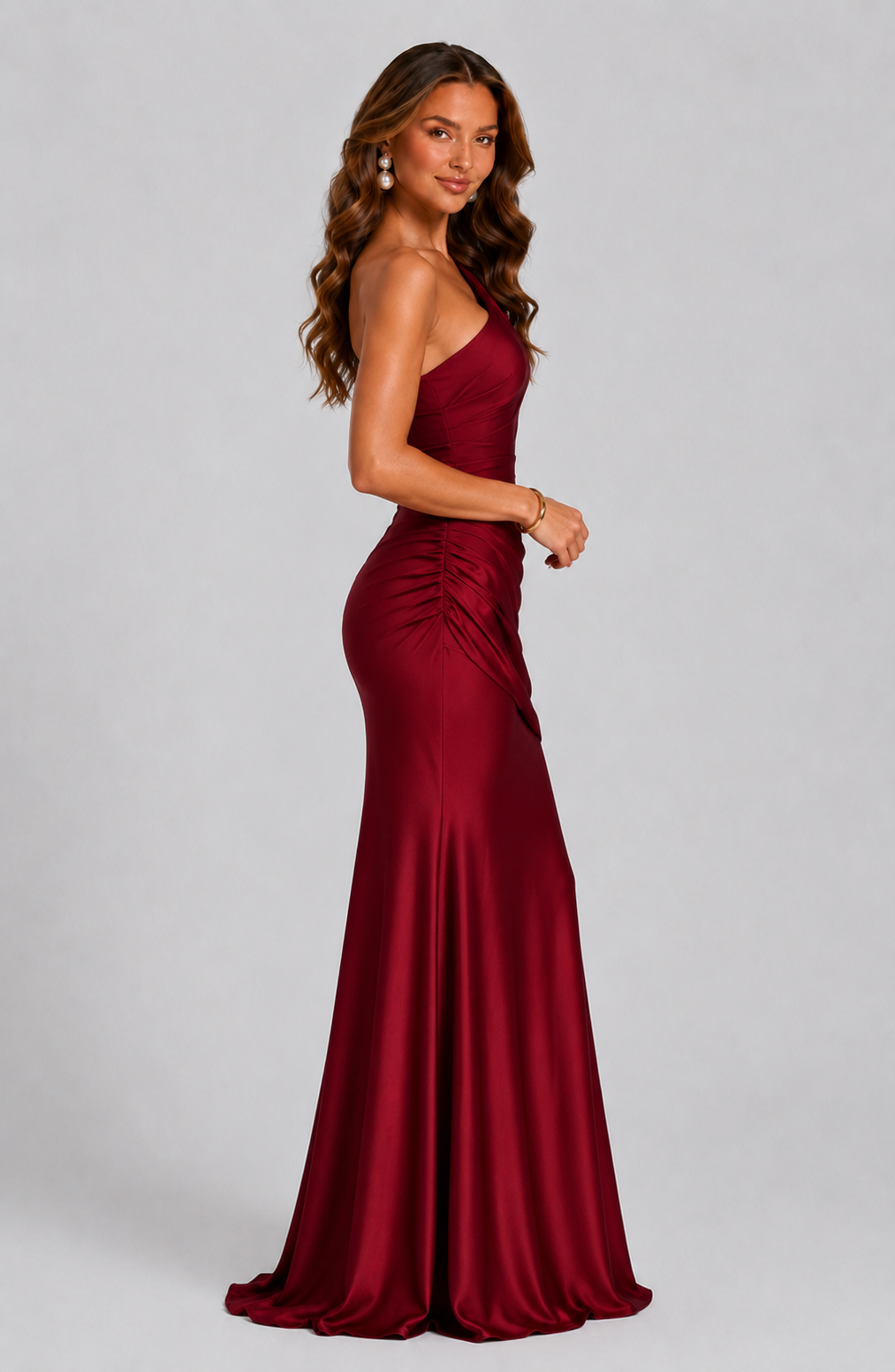 Women's One Shoulder Satin Maxi Dress Ruched Waist Formal Evening Gown