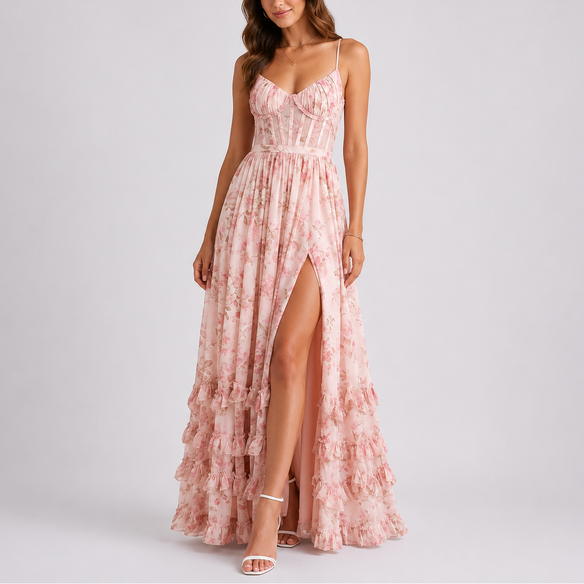 Women's Floral Corset Maxi Dress V-Neck High Slit Ruffle Hem Lace-Up Back
