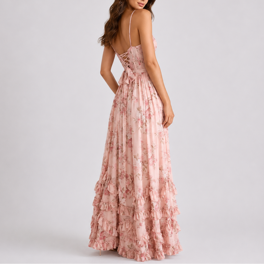 Women's Floral Corset Maxi Dress V-Neck High Slit Ruffle Hem Lace-Up Back