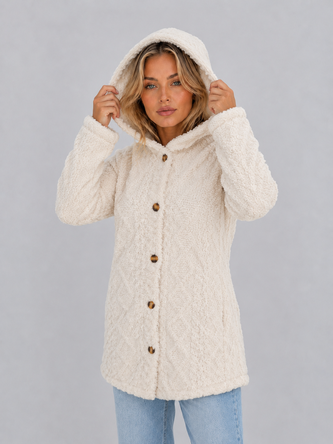 Women's Hooded Fleece Cardigan Button-Front Textured Long Sleeve Jacket