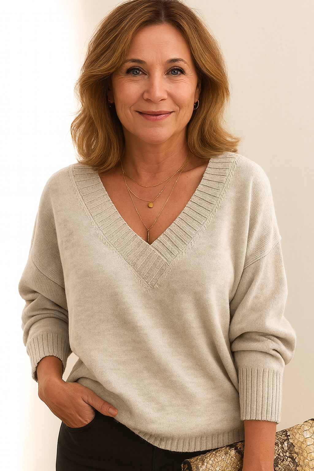 Women's Deep V-Neck Sweater Ribbed Collar Long Sleeve Knit Casual Pullover