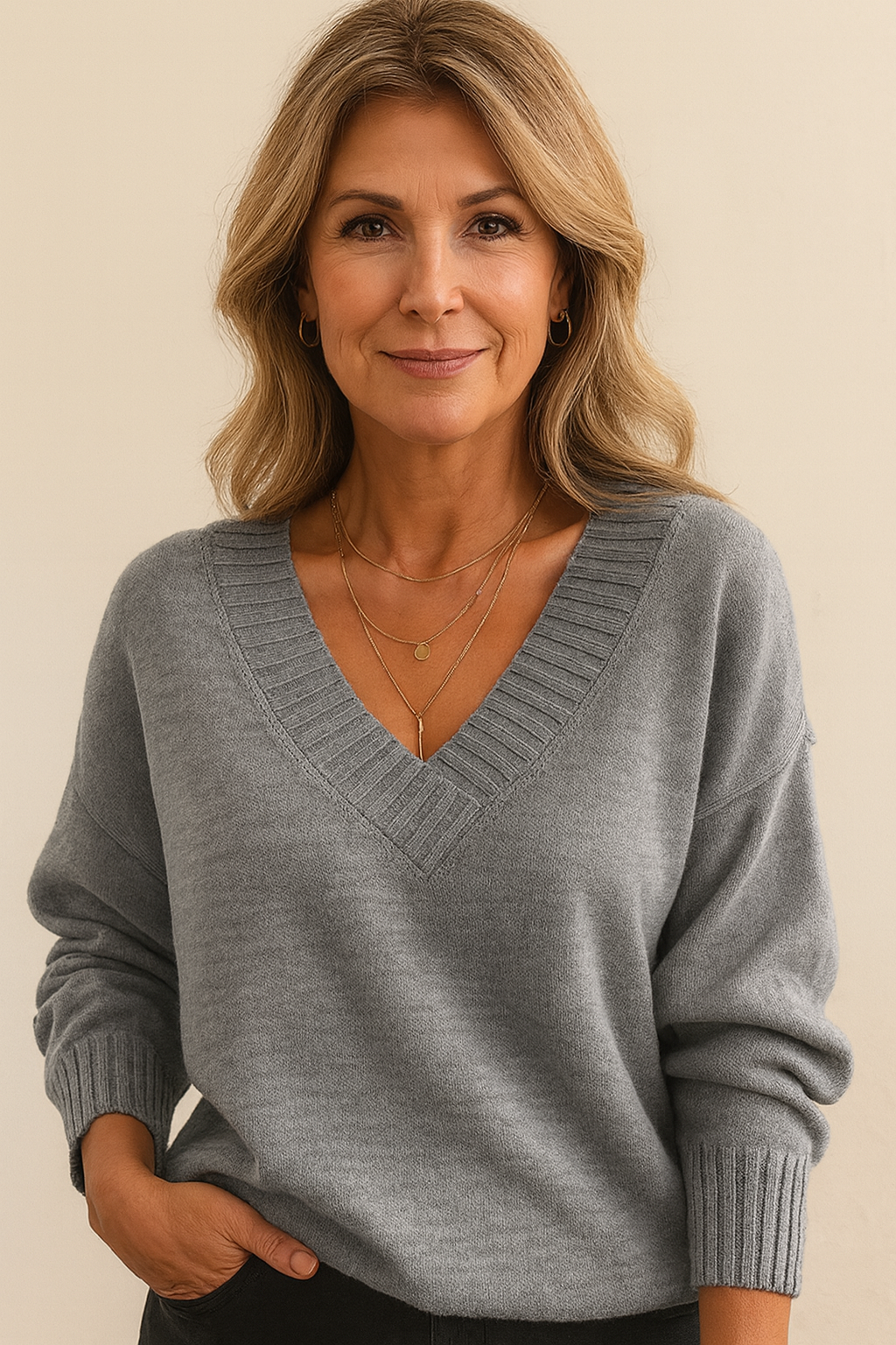 Women's Deep V-Neck Sweater Ribbed Collar Long Sleeve Knit Casual Pullover