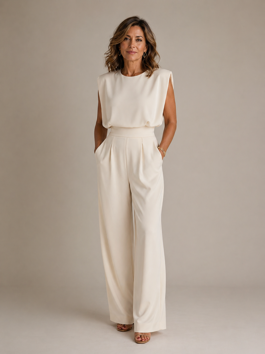 Women's Wide Leg Jumpsuit Sleeveless Pleated Round Neck Ivory Everyday