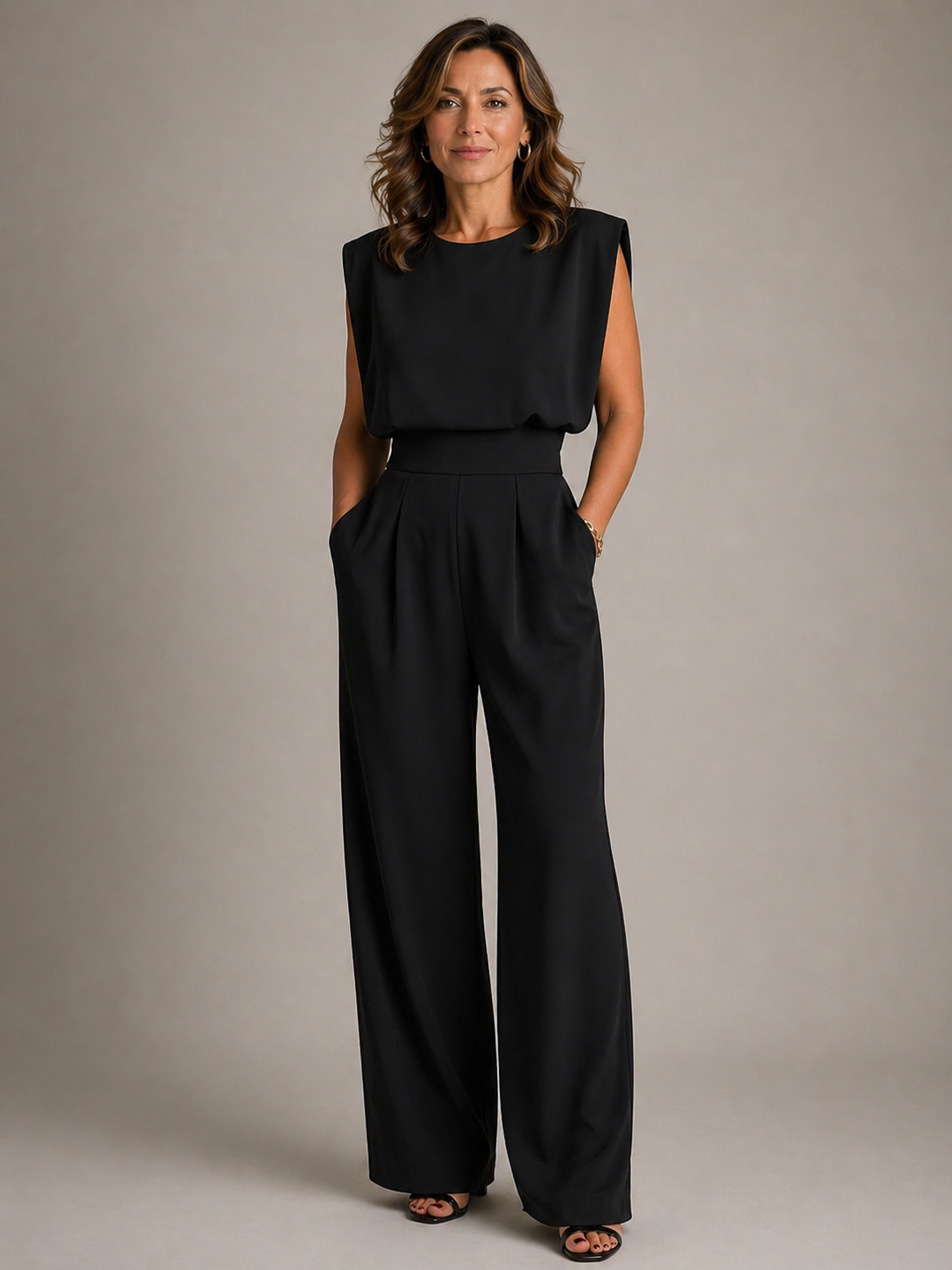 Women's Wide Leg Jumpsuit Sleeveless Pleated Round Neck Ivory Everyday