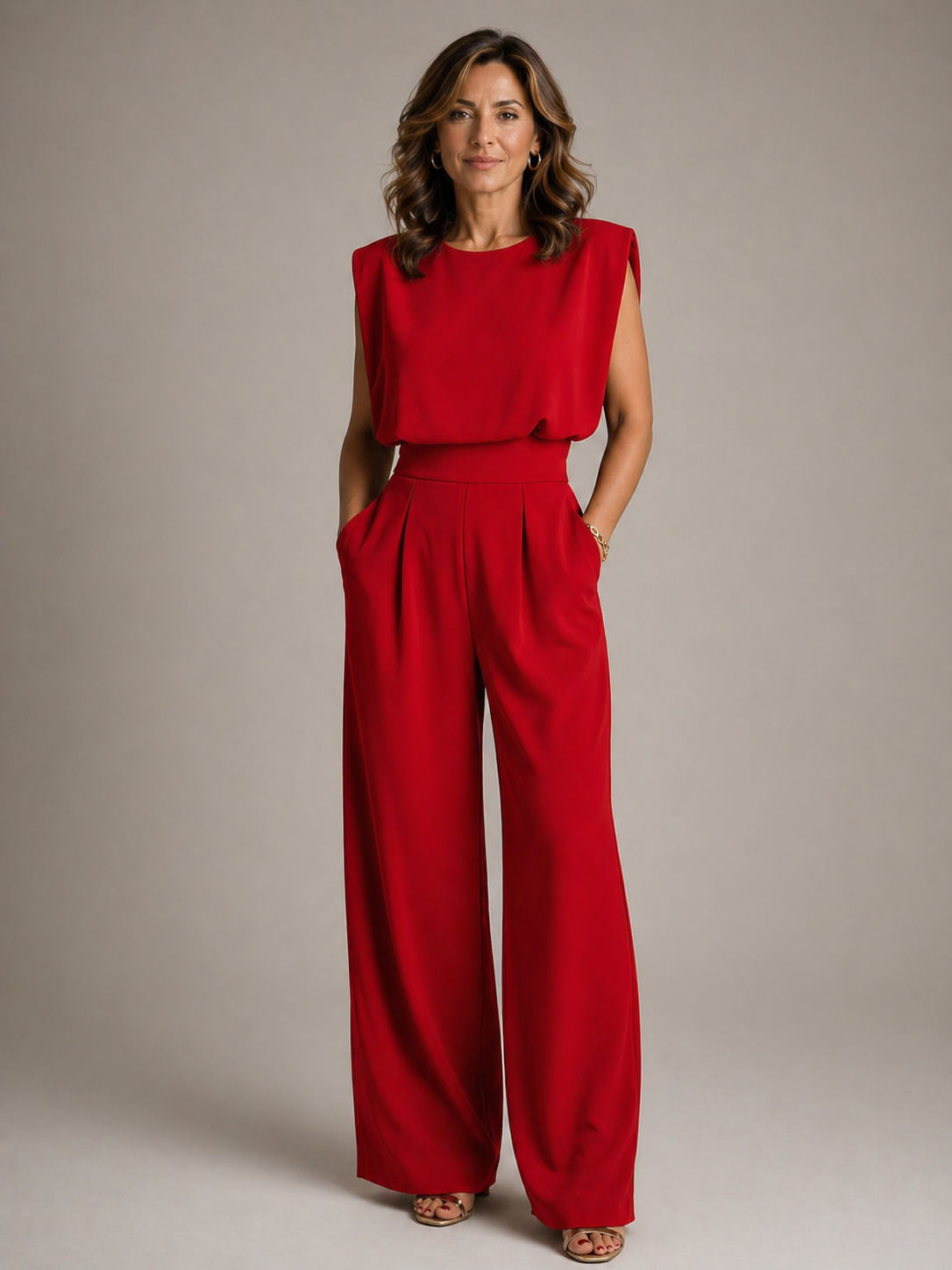 Women's Wide Leg Jumpsuit Sleeveless Pleated Round Neck Ivory Everyday