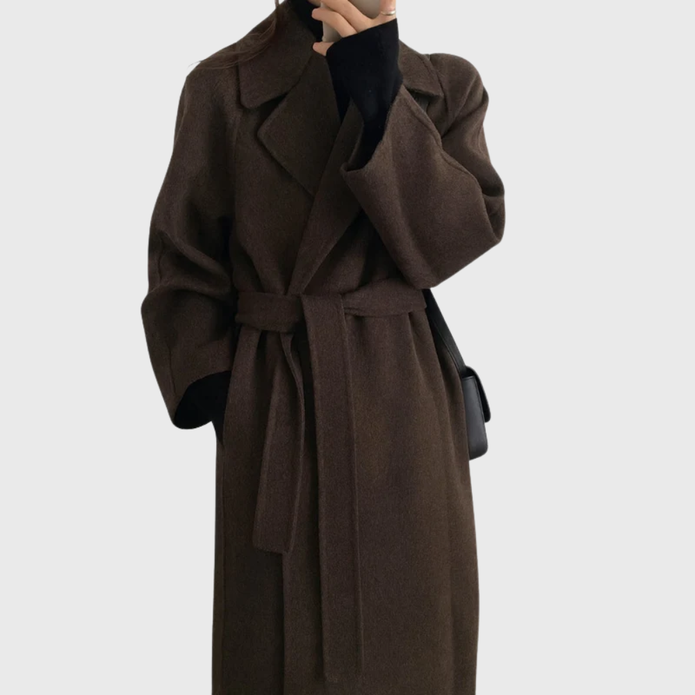 Women's Belted Wool-Blend Overcoat – Long Notch Lapel Tie-Waist Winter Coat