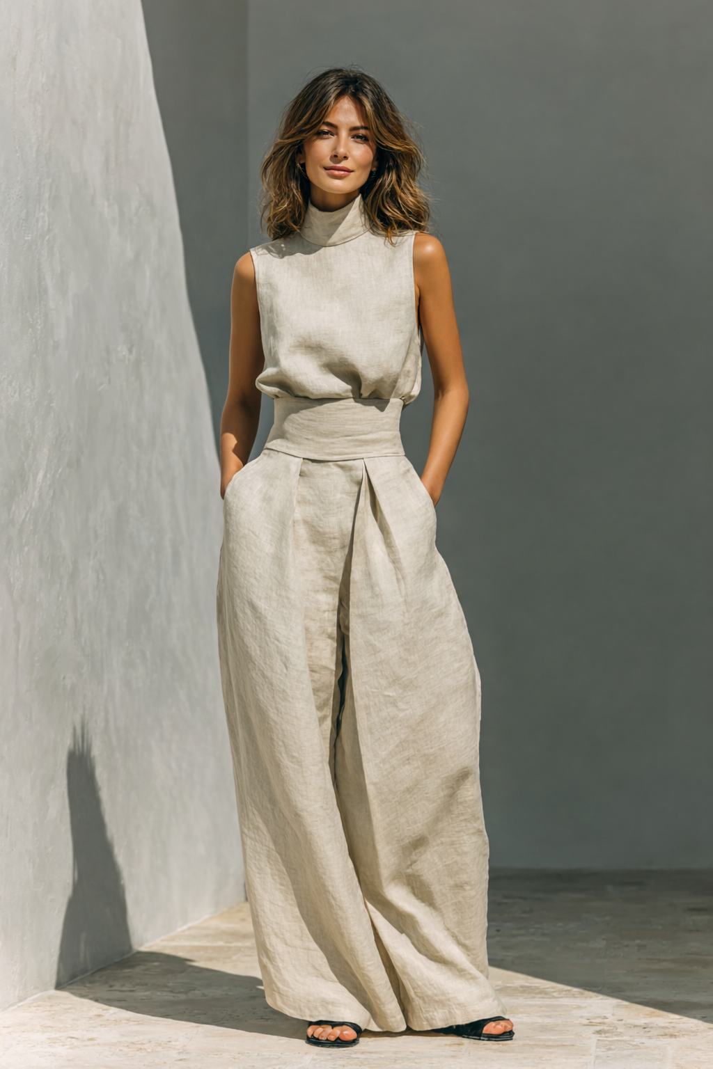 Women's Linen Two-Piece Set High Neck Sleeveless Wide Leg Pants