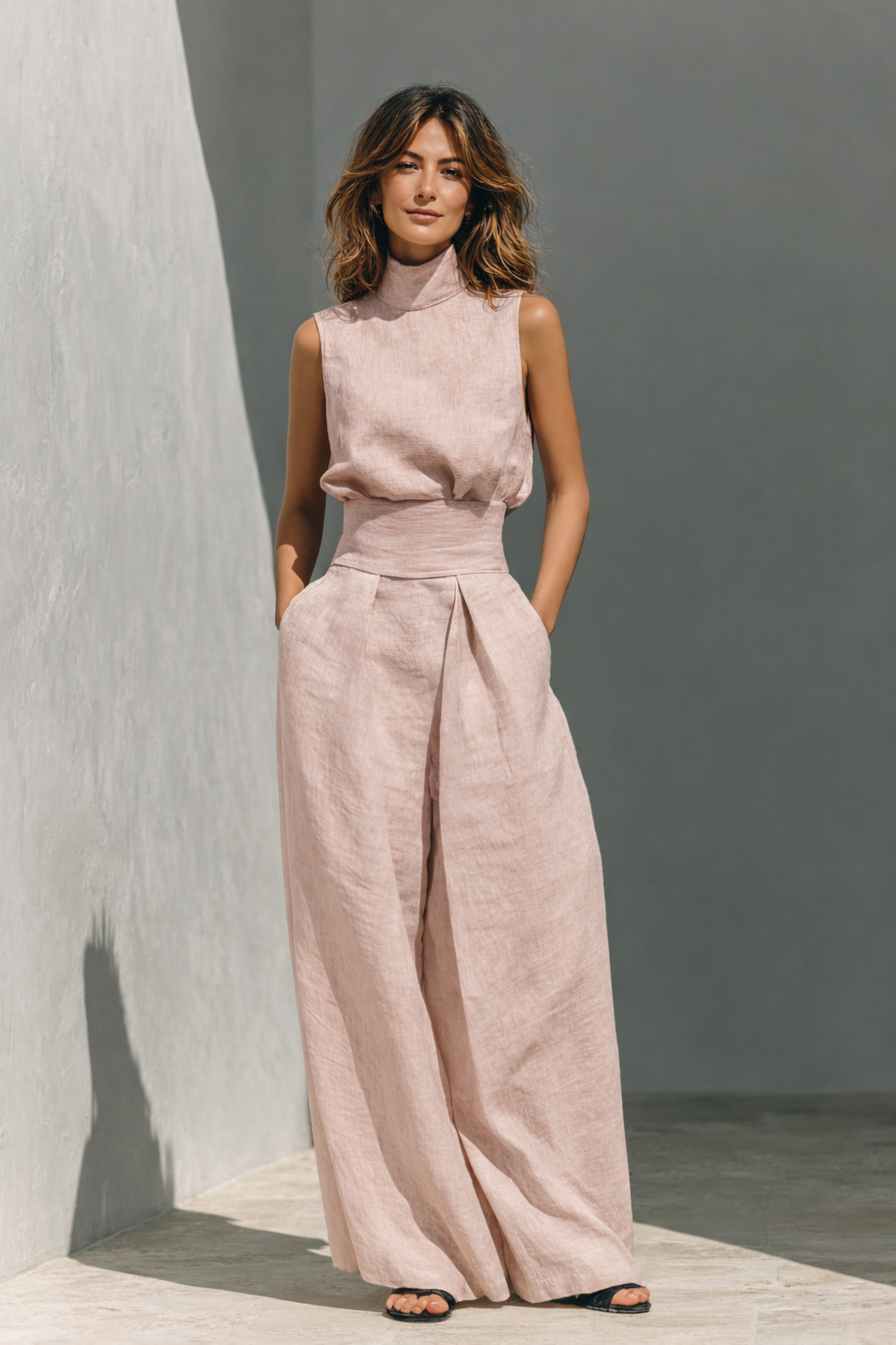 Women's Linen Two-Piece Set High Neck Sleeveless Wide Leg Pants