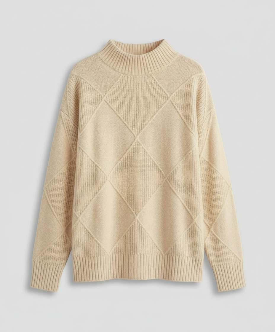 Women's Turtleneck Sweater Diamond Knit Long Sleeve Yellow Winter Pullover