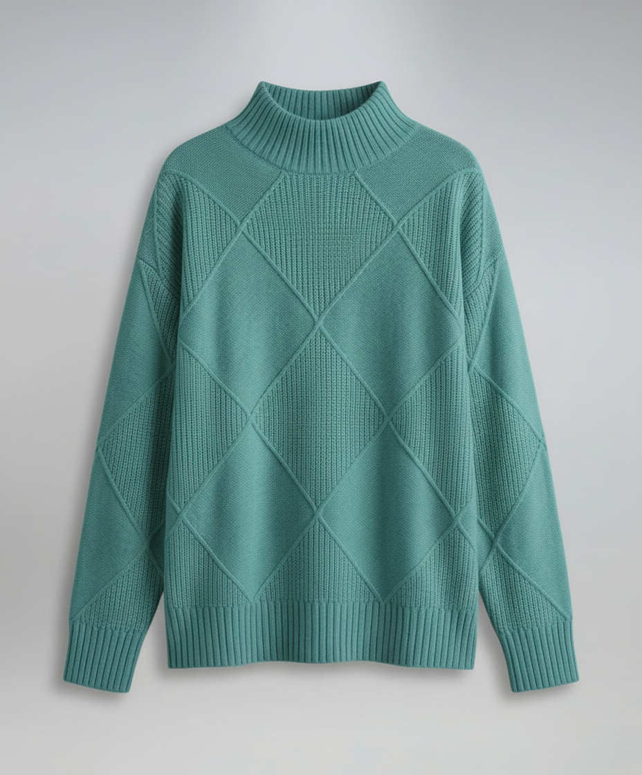 Women's Turtleneck Sweater Diamond Knit Long Sleeve Yellow Winter Pullover