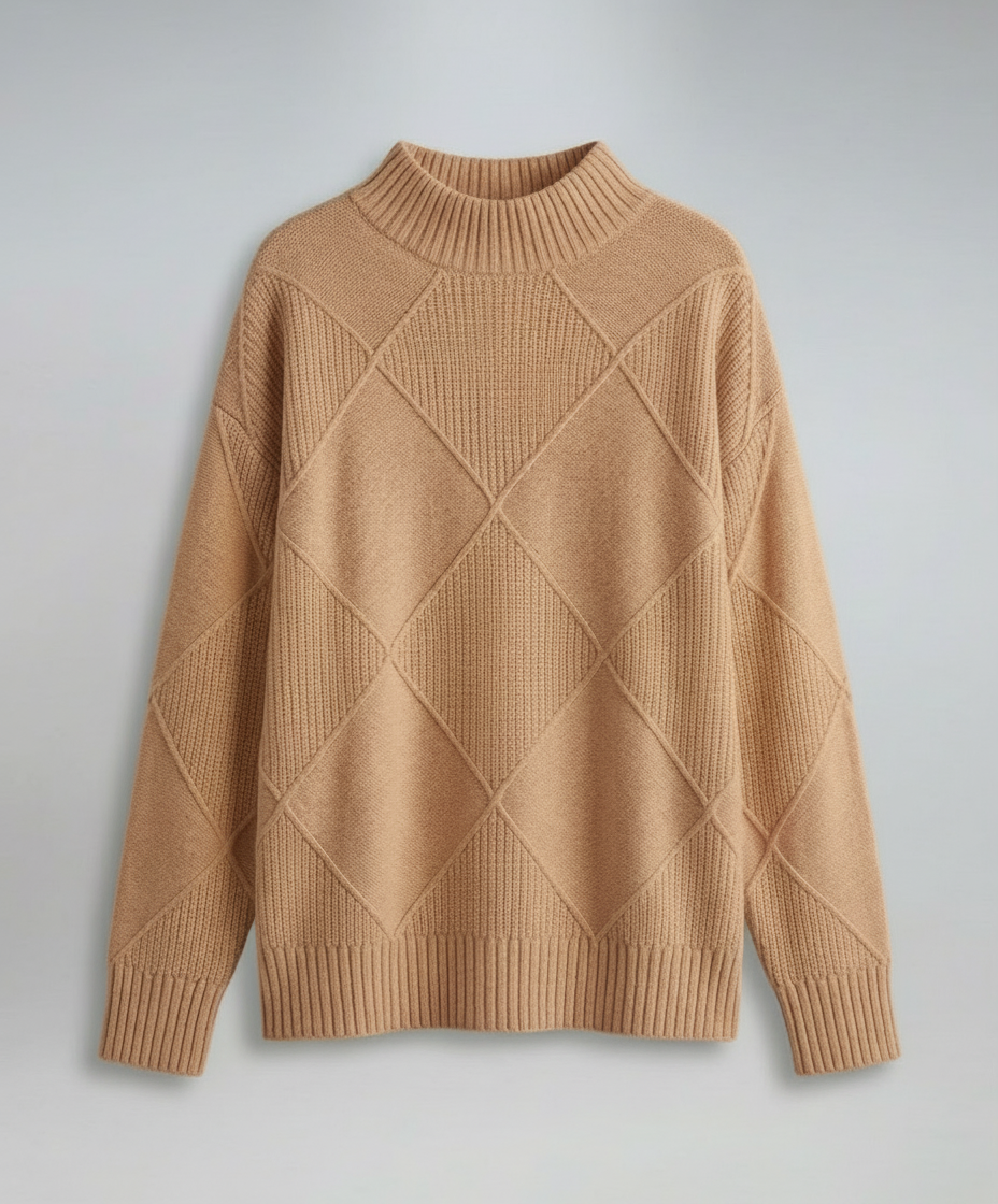 Women's Turtleneck Sweater Diamond Knit Long Sleeve Yellow Winter Pullover