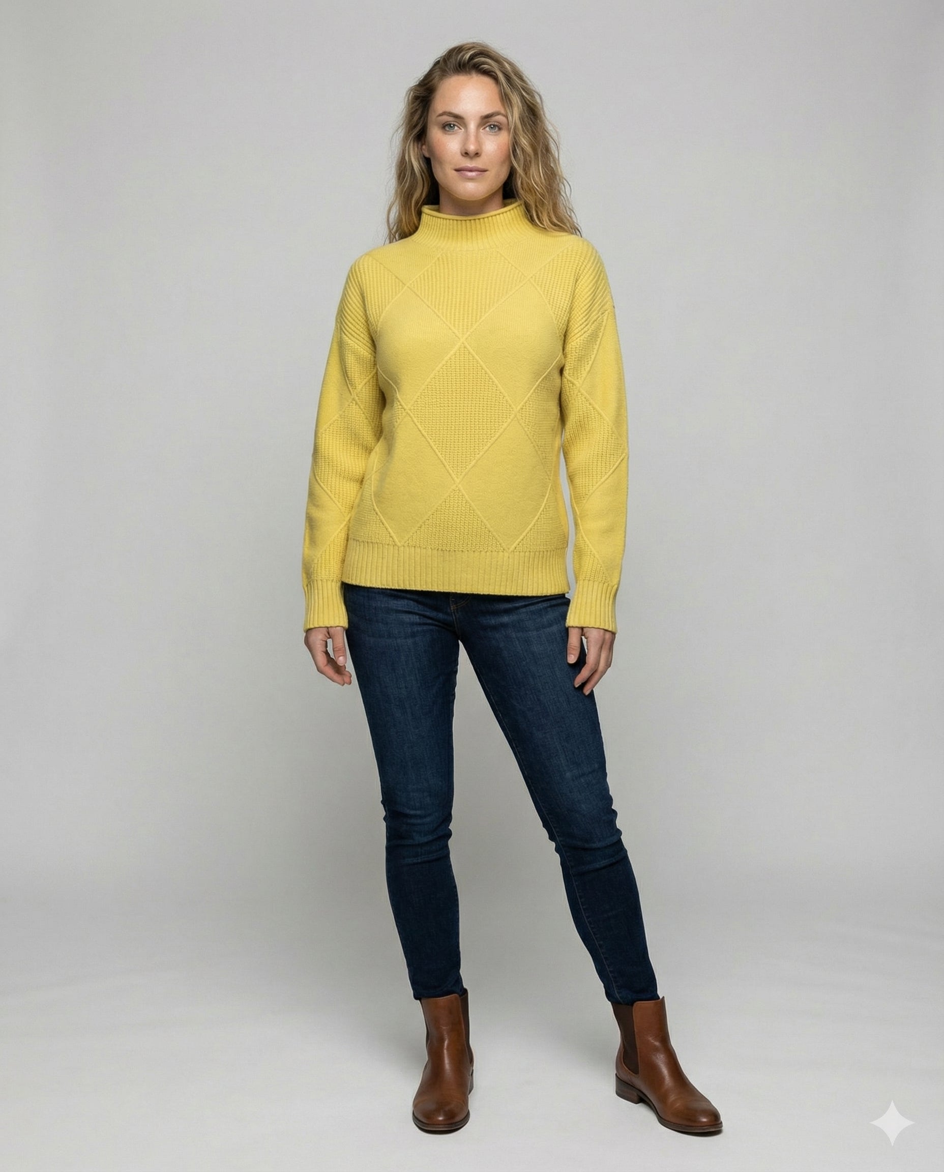 Women's Turtleneck Sweater Diamond Knit Long Sleeve Yellow Winter Pullover