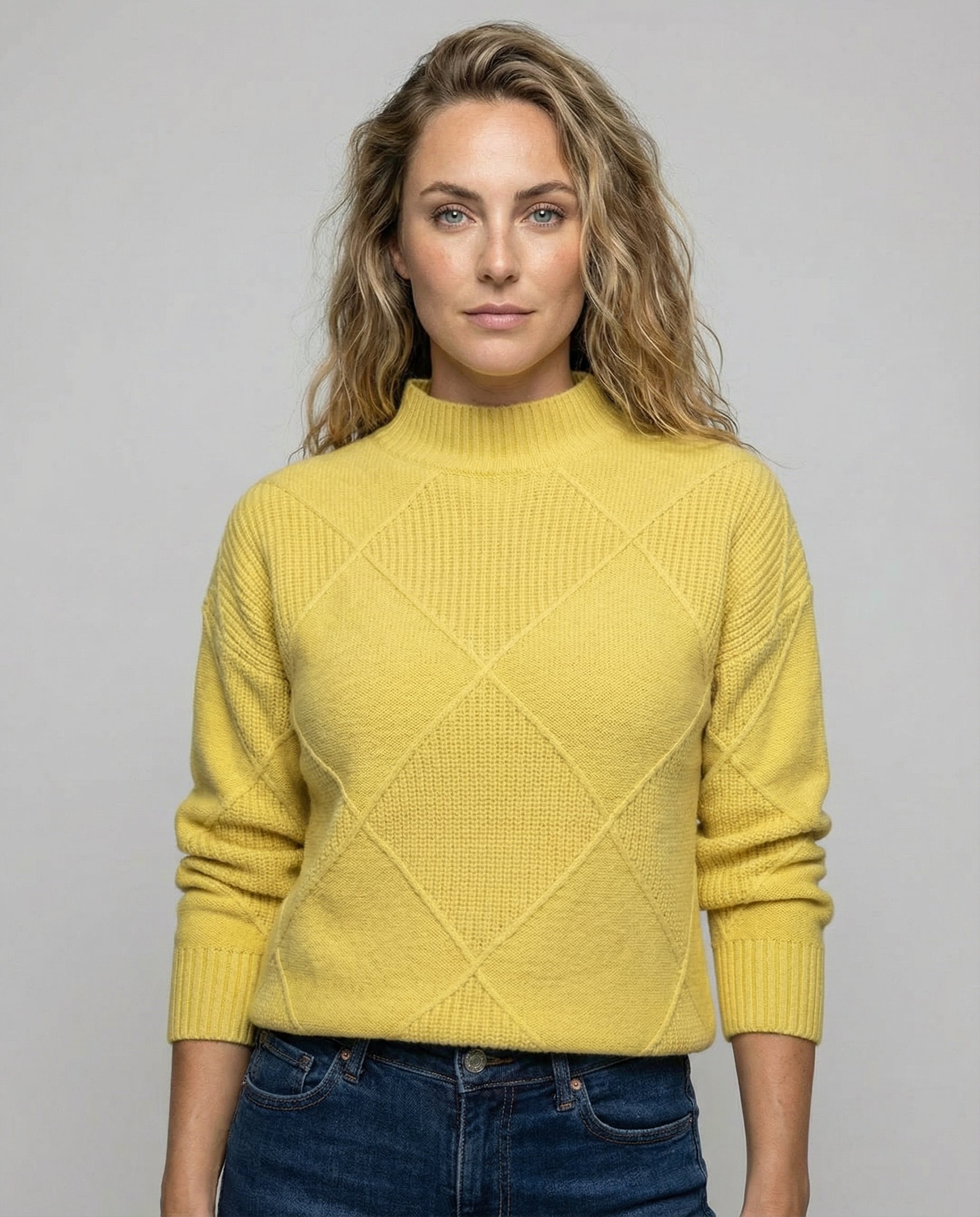 Women's Turtleneck Sweater Diamond Knit Long Sleeve Yellow Winter Pullover