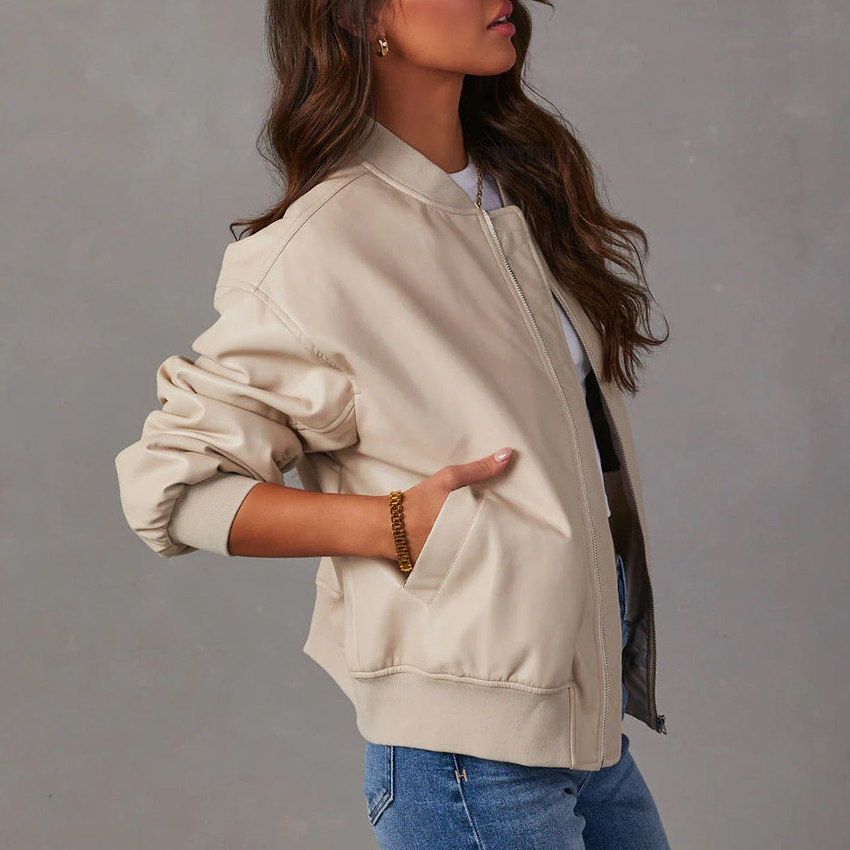 Women's Bomber Jacket Zip-Up Ribbed Collar Long Sleeve Casual Outerwear