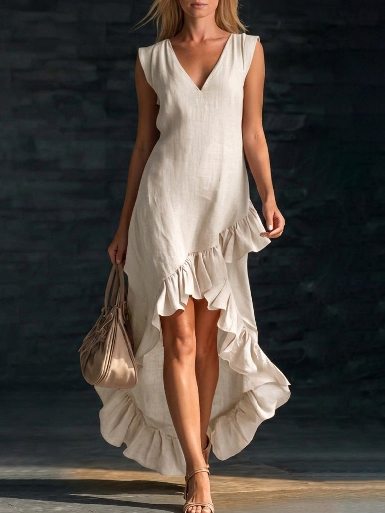 Women's Linen Maxi Dress V-Neck Ruffle Asymmetric Hem Sleeveless Beach