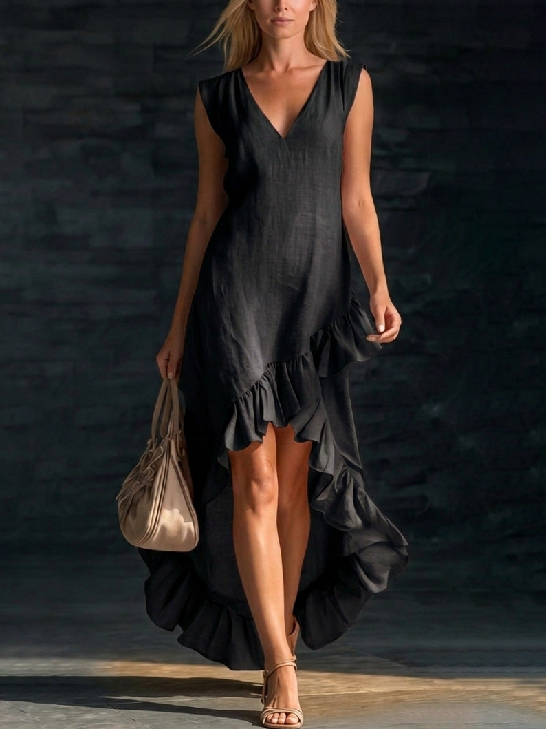 Women's Linen Maxi Dress V-Neck Ruffle Asymmetric Hem Sleeveless Beach
