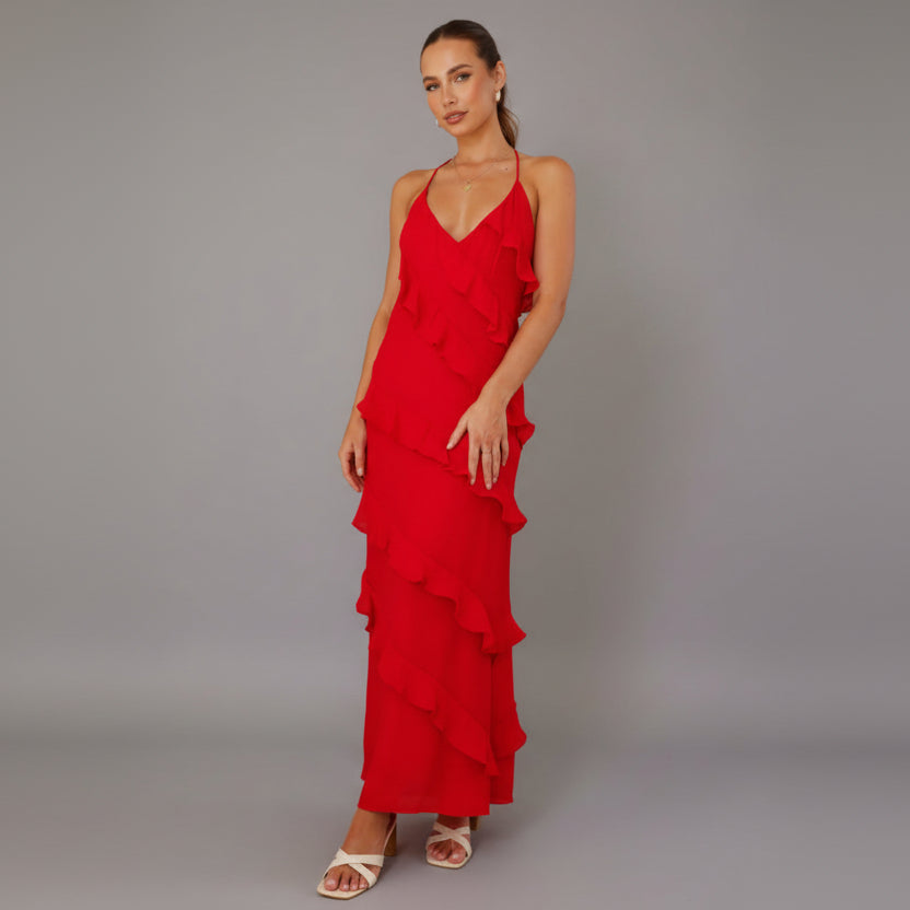 Women's Ruffle Maxi Dress V-Neck Tiered Spaghetti Strap Backless Party Formal