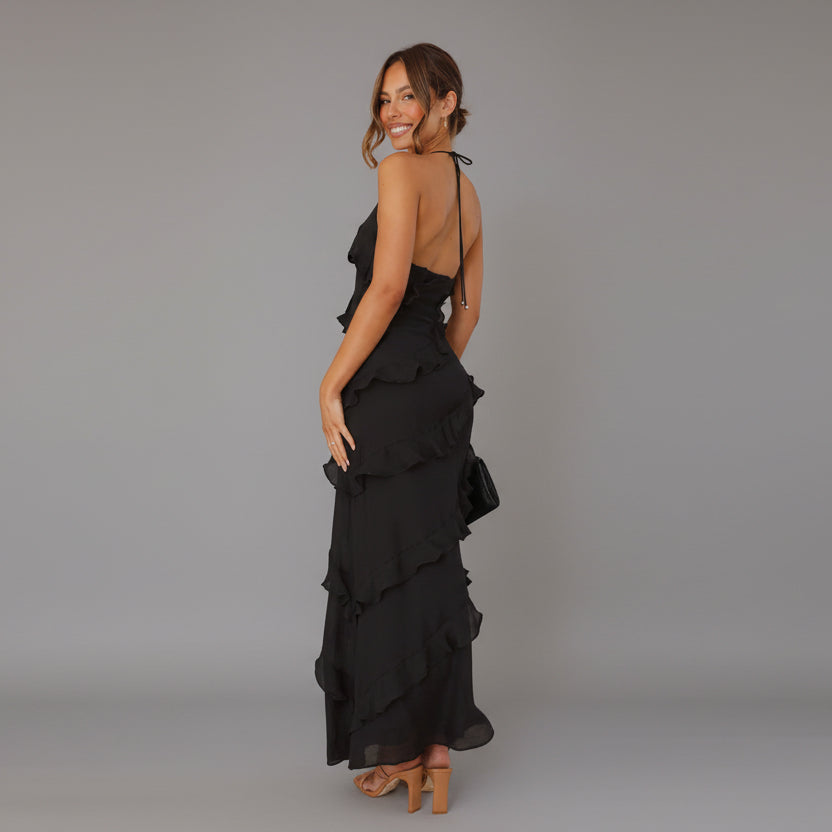 Women's Ruffle Maxi Dress V-Neck Tiered Spaghetti Strap Backless Party Formal