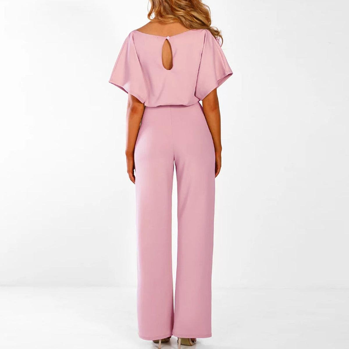 Women's Belted Jumpsuit Short Sleeve Wide Leg Boat Neck Casual