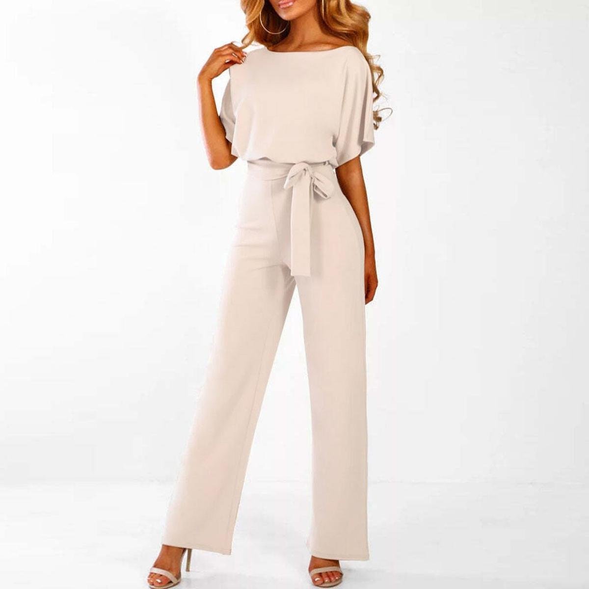 Women's Belted Jumpsuit Short Sleeve Wide Leg Boat Neck Casual